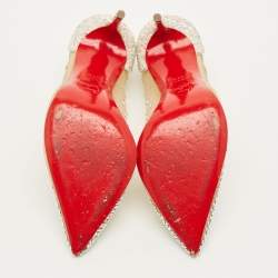 Pre Owned Christian Louboutin Follies Strass Size 37.5 Beige Glitter and Mesh Pumps