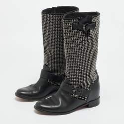 Pre Owned Christian Louboutin Size 38 Black Leather and Suede Studded Buckle Mid Calf Boots