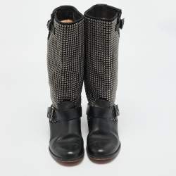 Pre Owned Christian Louboutin Size 38 Black Leather and Suede Studded Buckle Mid Calf Boots
