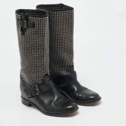 Pre Owned Christian Louboutin Size 38 Black Leather and Suede Studded Buckle Mid Calf Boots