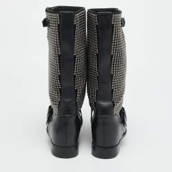 Pre Owned Christian Louboutin Size 38 Black Leather and Suede Studded Buckle Mid Calf Boots