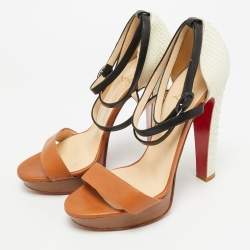 Pre Owned صندل كريستيان لوبوتان بيثون وجلد ثلاثي الألوان مع حزام للكاحل على منصة مقاس 40