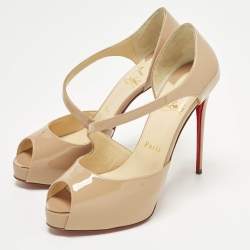 مملوكة مسبقًا Christian Louboutin Size 37.5 Beige Patent Leather Catchy Two Peep-Toe Pumps
