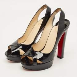 Pre Owned Christian Louboutin Marple Town Size 39.5 Black Patent Leather Platform Sandals