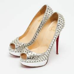 Pre Owned حذاء كعب عالي كريستيان لوبوتان نعل سميك سبايك مقدمة مفتوحة ليدي جلد ثعبان ذهبي ميتالك مقاس 35