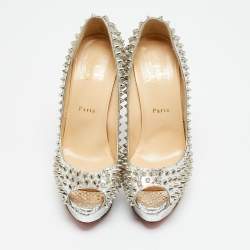 Pre Owned حذاء كعب عالي كريستيان لوبوتان نعل سميك سبايك مقدمة مفتوحة ليدي جلد ثعبان ذهبي ميتالك مقاس 35