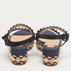 Pre Owned صندل كعب روكي كريستيان لوبوتان "بيراكلو" نعل سميك جلد وقماش دنيم أزرق/أسود مقاس 38