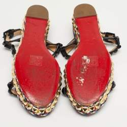 Pre Owned صندل كعب روكي كريستيان لوبوتان "بيراكلو" نعل سميك جلد وقماش دنيم أزرق/أسود مقاس 38