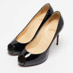 Pre Owned Christian Louboutin Very Prive Size 37 Black Patent Leather Peep Toe Pumps