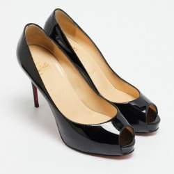Pre Owned Christian Louboutin Very Prive Size 37 Black Patent Leather Peep Toe Pumps