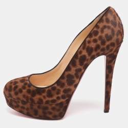 Pre Owned Christian Louboutin Bianca Size 37.5 Brown Leopard Print Calf Hair Platform Pumps