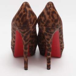 Pre Owned حذاء كعب عالي كريستيان لوبوتان شعر عجل بنقشة الفهد البني بيانكا بلاتفورم مقاس 37.5