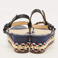 مملوكة مسبقًا Christian Louboutin Pyraclou Size 40 Multicolor Denim and Leather Studded Ankle Strap Platform Sandals