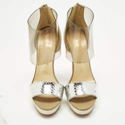 مملوكة مسبقًا صندل كريستيان لوبوتان دوفورا بنعل سميك PVC وجلد ثعبان فضي ميتاليك مقاس 37