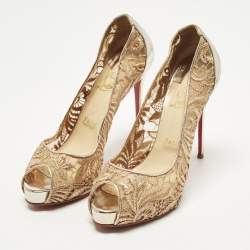 Pre Owned Christian Louboutin Lady Peep Size 39.5 Pink/Silver Flora Lace and Patent Leather Platform Pumps