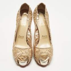 Pre Owned Christian Louboutin Lady Peep Size 39.5 Pink/Silver Flora Lace and Patent Leather Platform Pumps