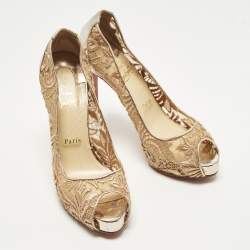 Pre Owned Christian Louboutin Lady Peep Size 39.5 Pink/Silver Flora Lace and Patent Leather Platform Pumps