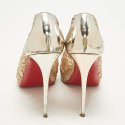 Pre Owned Christian Louboutin Lady Peep Size 39.5 Pink/Silver Flora Lace and Patent Leather Platform Pumps