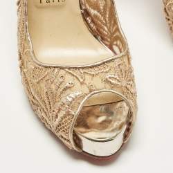 Pre Owned Christian Louboutin Lady Peep Size 39.5 Pink/Silver Flora Lace and Patent Leather Platform Pumps