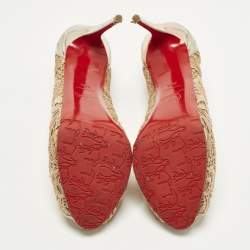 Pre Owned Christian Louboutin Lady Peep Size 39.5 Pink/Silver Flora Lace and Patent Leather Platform Pumps