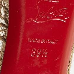 Pre Owned Christian Louboutin Lady Peep Size 39.5 Pink/Silver Flora Lace and Patent Leather Platform Pumps