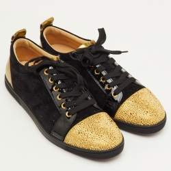 Pre Owned Christian Louboutin Gondola Strass Size 40.5 Black/Gold Suede and Patent Leather Low Top Sneakers