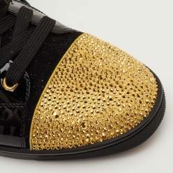 Pre Owned Christian Louboutin Gondola Strass Size 40.5 Black/Gold Suede and Patent Leather Low Top Sneakers