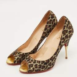 مملوكة مسبقًا Christian Louboutin Yoyospina Size 39 Gold Metallic Leopard Print Lurex Fabric Peep Toe Pumps