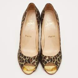 مملوكة مسبقًا Christian Louboutin Yoyospina Size 39 Gold Metallic Leopard Print Lurex Fabric Peep Toe Pumps