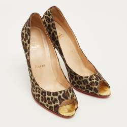 مملوكة مسبقًا Christian Louboutin Yoyospina Size 39 Gold Metallic Leopard Print Lurex Fabric Peep Toe Pumps
