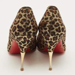 مملوكة مسبقًا Christian Louboutin Yoyospina Size 39 Gold Metallic Leopard Print Lurex Fabric Peep Toe Pumps