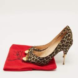 مملوكة مسبقًا Christian Louboutin Yoyospina Size 39 Gold Metallic Leopard Print Lurex Fabric Peep Toe Pumps
