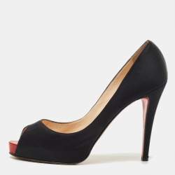 Pre Owned Christian Louboutin Very Prive Size 39.5 Black Satin Peep Toe Pumps