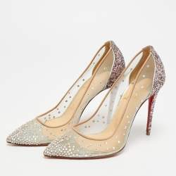 Pre Owned حذاء كعب عالي كريستيان لوبوتان فوليز ستراس شبك ميتاليك/بيج ومخمل مقاس 38.5