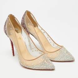 Pre Owned حذاء كعب عالي كريستيان لوبوتان فوليز ستراس شبك ميتاليك/بيج ومخمل مقاس 38.5