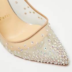 Pre Owned حذاء كعب عالي كريستيان لوبوتان فوليز ستراس شبك ميتاليك/بيج ومخمل مقاس 38.5