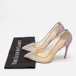 Pre Owned حذاء كعب عالي كريستيان لوبوتان فوليز ستراس شبك ميتاليك/بيج ومخمل مقاس 38.5