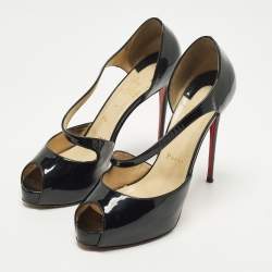 مملوكة مسبقًا حذاء كعب عالي كريستيان لوبوتان كاتشي تو جلد لامع أسود مقدمة مفتوحة مقاس 37