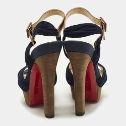 مملوكة مسبقًا صندل كريستيان لوبوتان حزام كاحل منصة جلد وبني أزرق بحري مقاس 36