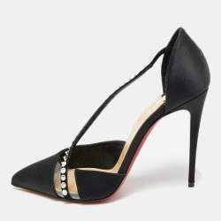 Pre Owned Christian Louboutin Krystal Cross Size 38 Black Satin D'orsay Pumps