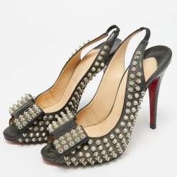 Pre Owned Christian Louboutin Clou Noeud Size 39 Black Leather Spikes Slingback Pumps