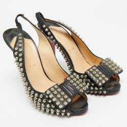Pre Owned Christian Louboutin Clou Noeud Size 39 Black Leather Spikes Slingback Pumps