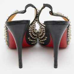 Pre Owned Christian Louboutin Clou Noeud Size 39 Black Leather Spikes Slingback Pumps