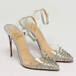 Pre Owned Christian Louboutin Spikoo Size 37.5 Transparent Iridescent Leather and PVC Ankle Strap Pumps