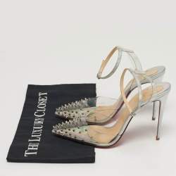Pre Owned Christian Louboutin Spikoo Size 37.5 Transparent Iridescent Leather and PVC Ankle Strap Pumps