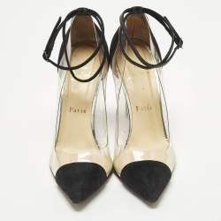 Pre Owned حذاء كعب عالي كريستيان لوبوتان بيس اون بوت بي في سي شفاف/أسود وجلد سويدي مقاس 37