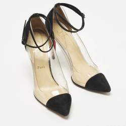 Pre Owned حذاء كعب عالي كريستيان لوبوتان بيس اون بوت بي في سي شفاف/أسود وجلد سويدي مقاس 37