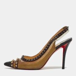 Pre Owned Christian Louboutin Studded Size 37.5 Multicolor PVC, Python Leather and Suede Slingback Pumps