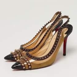 Pre Owned Christian Louboutin Studded Size 37.5 Multicolor PVC, Python Leather and Suede Slingback Pumps