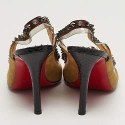 Pre Owned Christian Louboutin Studded Size 37.5 Multicolor PVC, Python Leather and Suede Slingback Pumps
